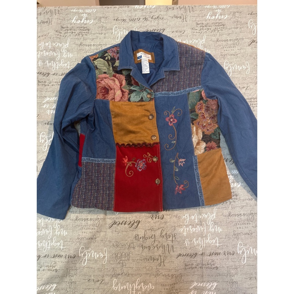 Koret City Blues Petite Medium Patchwork Floral Tapestry Denim Jacket Boho